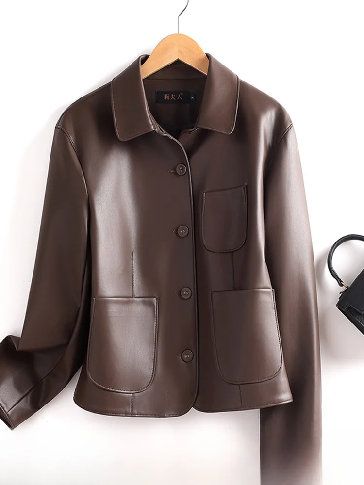 

Женская кожаная куртка Ning из натуральной овчины, короткая, приталенная, в корейском стиле, осенне-зимняя коллекция 2025 года, новинка