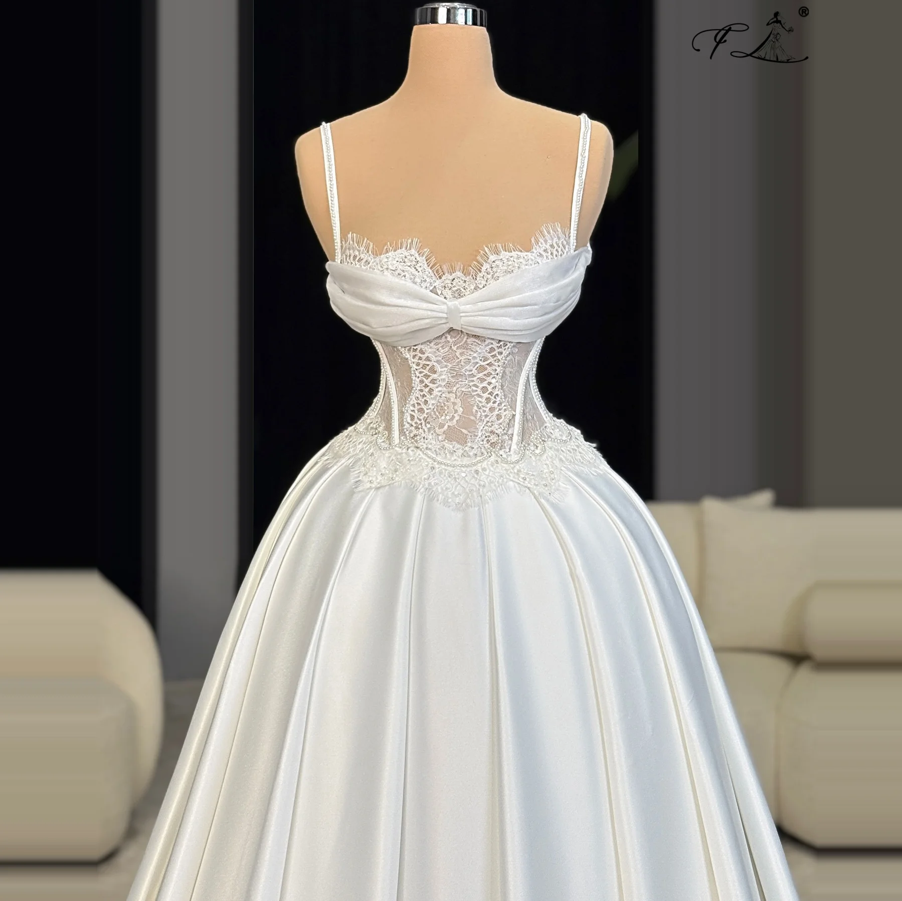 Elegant Strappy Dress Lace Pearl Tutu Dress White Satin Wedding Dress Prom Dress Birthday Dress Formal Occasion Customizable