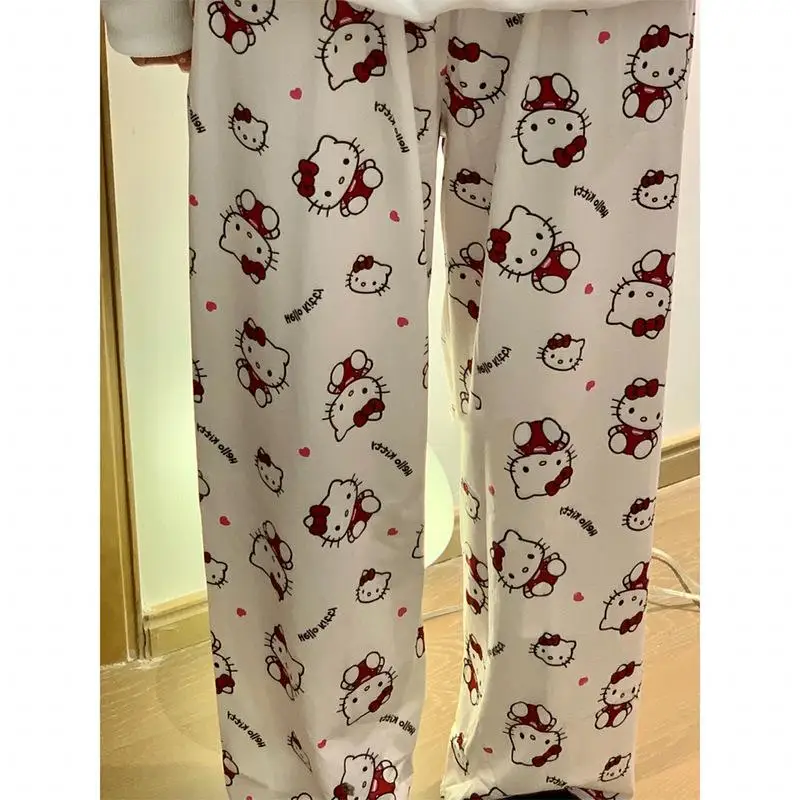 Sanrioed Anime Women\'s Pajama Pants Hello Kittys Kawaii Spring Spring Kt Loose Home Pants High Waist Casual Cotton Cute Trousers