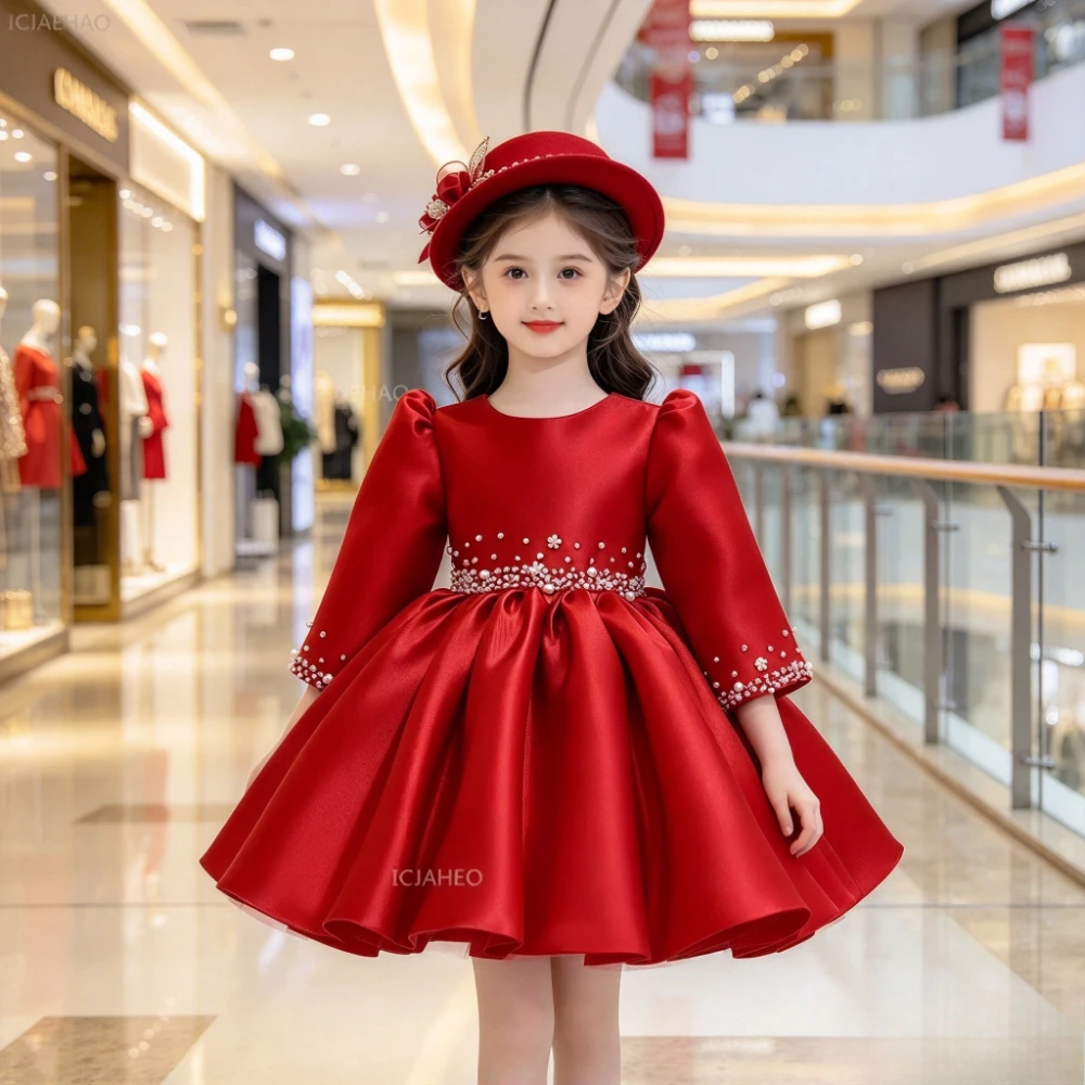 Kids Red Princess Dress Children Birthday 1st Year Gown Performance Formal DressesPiano for Host Pageant Celebration Ceremony