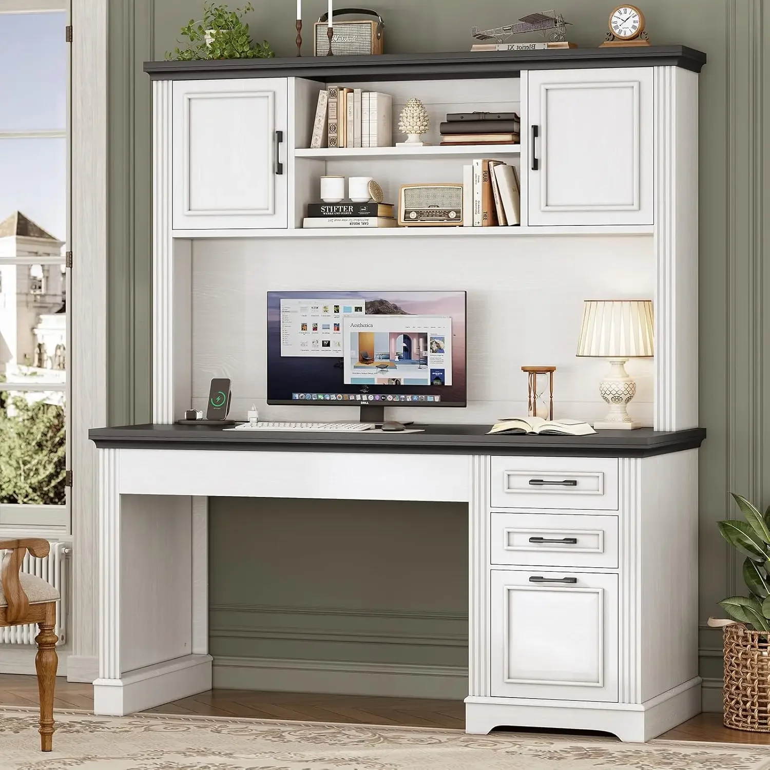 Farmhouse Computer Desk with Hutch and 3 Drawers, 47.2" Executive Office Desk with Storage DrawersWood Desk with Power Outlet fo