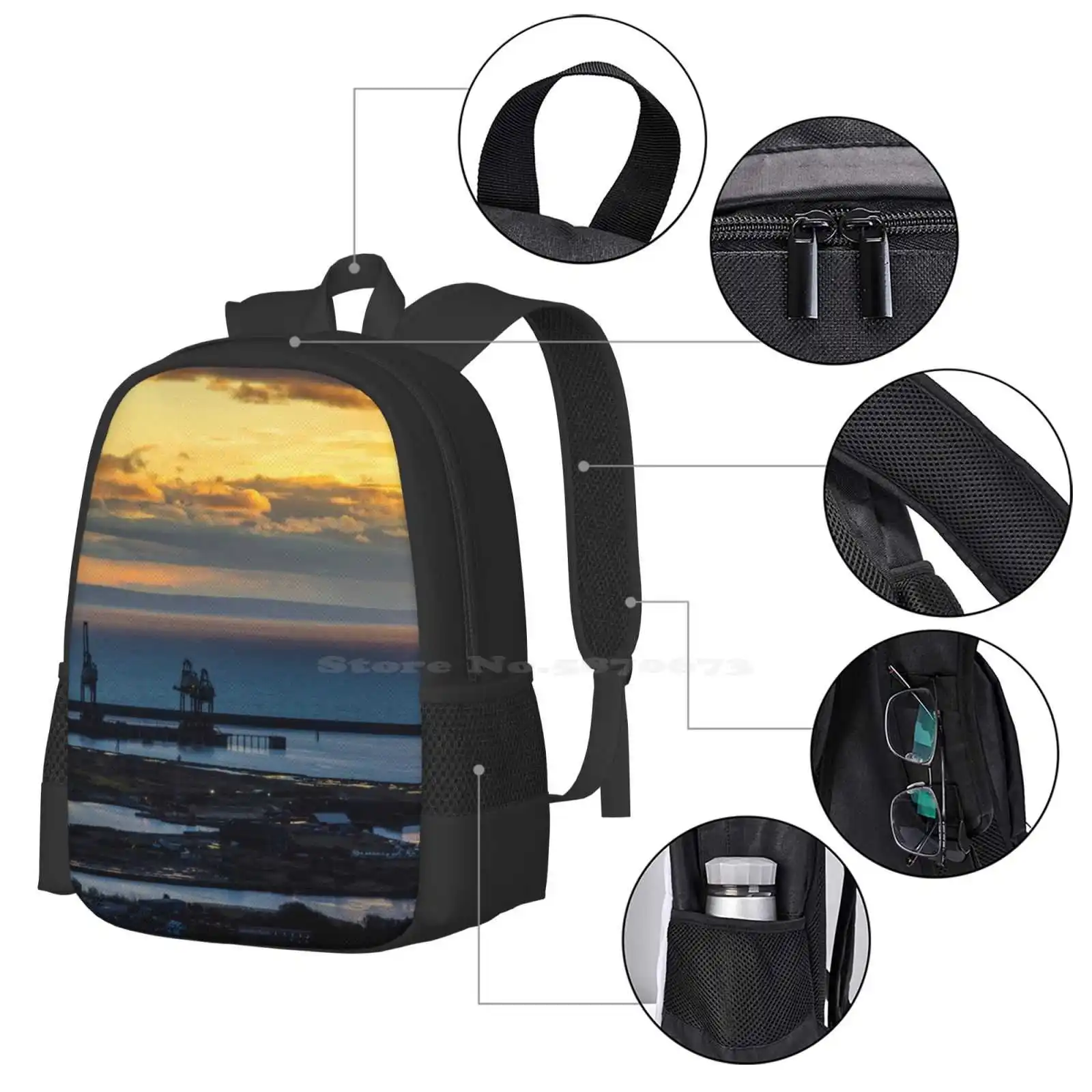 Port Talbot Docks - 2014 Fashion Pattern Design Travel Laptop School Backpack Bag Port Talbot Docks Sunset Cranes Steel Works