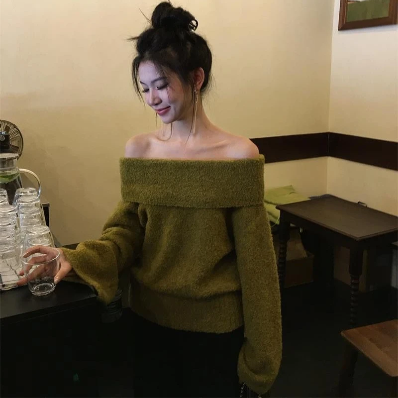 Women's 2026 Autumn Winter Green Off Shoulder Long Sleeve Loop Knit Sweater Slouchy Soft Warm Elegant Chic Coquette Trendy Top - view 6