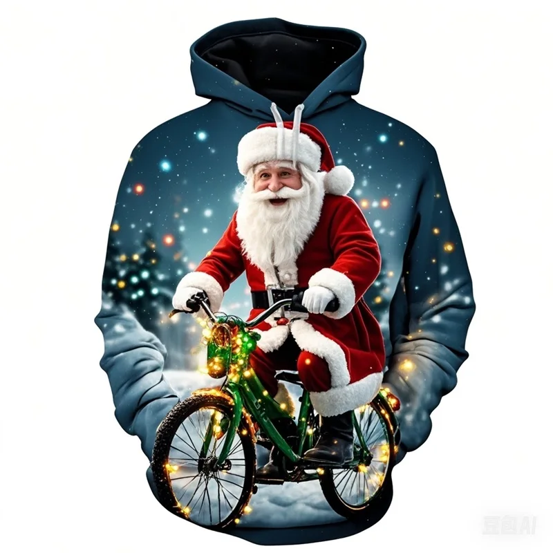 Full Print Santa Claus Riding A Bicycle Hoodie For Men Women Merry Christmas Long Sleeve Pullovers Sweatshirt Tracksuit Clothes