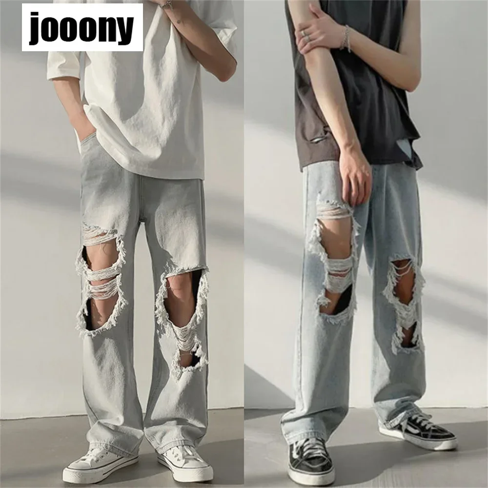 

streetwear jean femme baggy wide leg denim Jeans for men Man casual pants Men's jeans ripped hole Male trousers mens pantalon