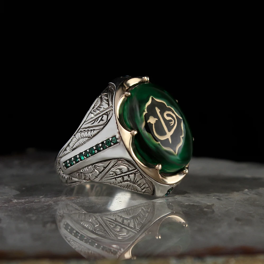 

Amber Gemstone Aleph Vav 925 Sterling Mens Silver Ring