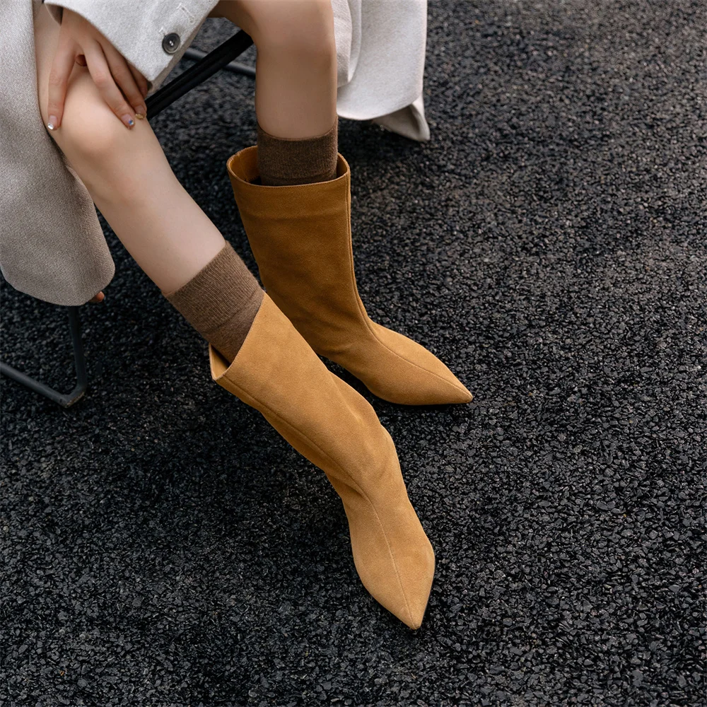 FEDONAS Sexy Women Pointed Toe Mid-calf Boots Kitten Heels Low Heels Warm Knight Boots Fashion Slip On Party Wedding Shoes Woman