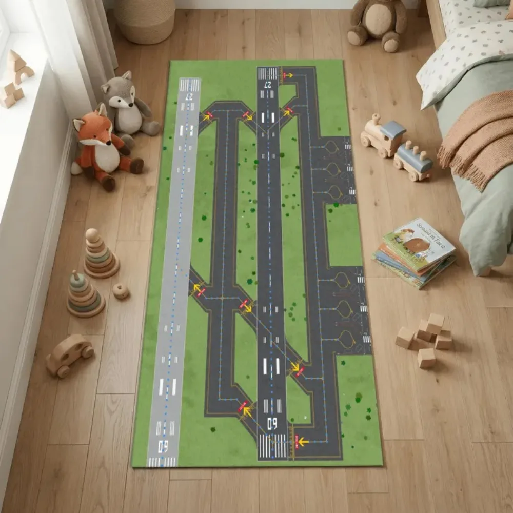 Realistic Airport Runway Carpet Mat Rug, Aviation Theme & Interactive home decoration with Grey Green Tone for Hallway Playroom