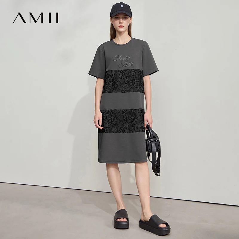 

Amii Minimalist Loose Dress 2025 Summer New Office Lady Round Neck Letters Embroidery Lace Knit Dresses Women Clothing 12542195