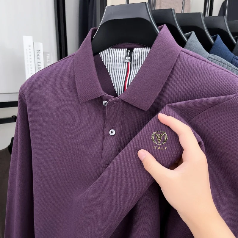 

100% pure cotton luxury brand men's long sleeve polo shirt autumn fashion boutique V-letter badge golf top custom design T-shirt
