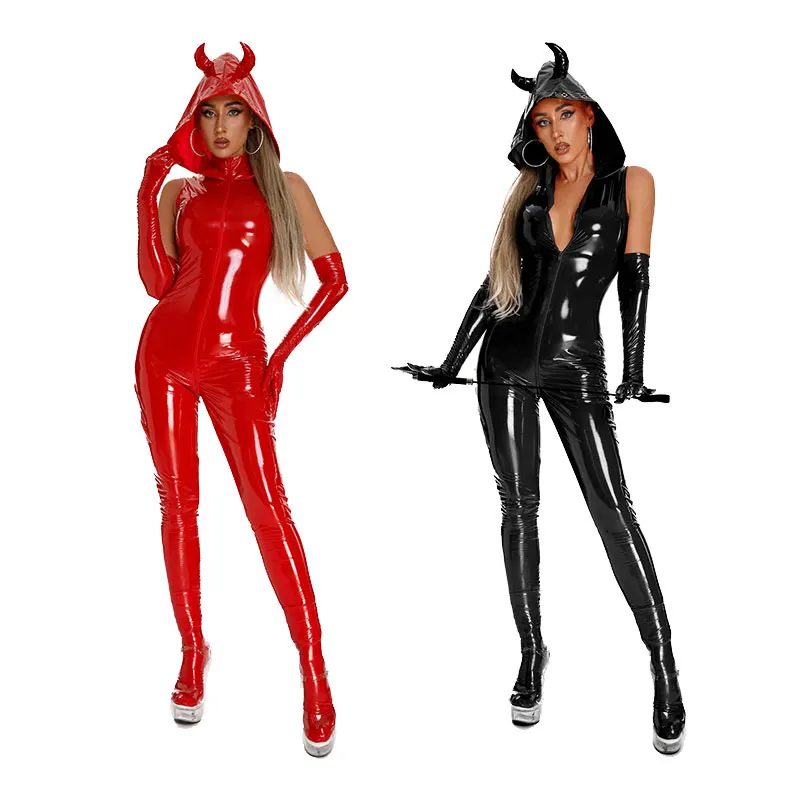 

Faux Leather Jumpsuit Women Sexy Zipper Open Crotch Wetlook PVC Latex Catsuit Skinny Bodysuit Demon Queen Jumpsuit Costume