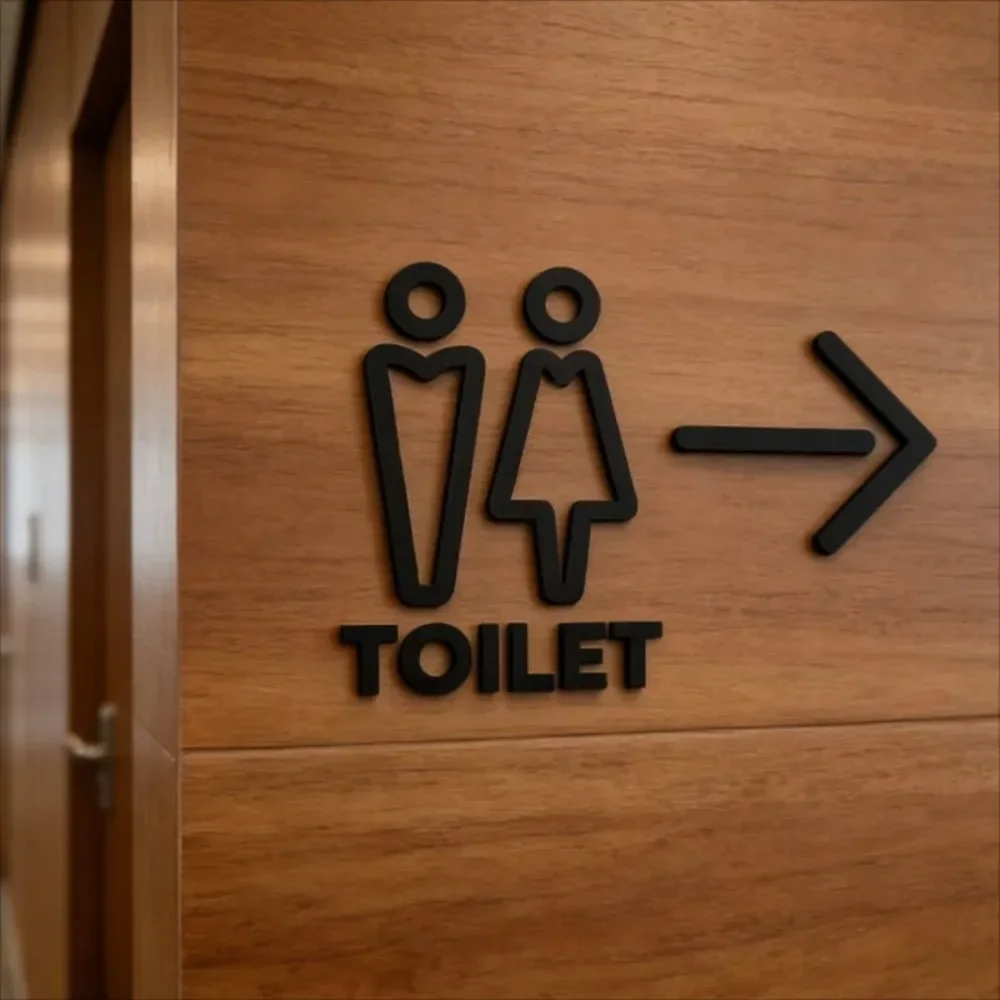 3D Acrylic Restroom Sign Self-Adhesive Directional Arrow Bathroom Door Plaque Wall Sticker Decor for Office Hotel Business Shop