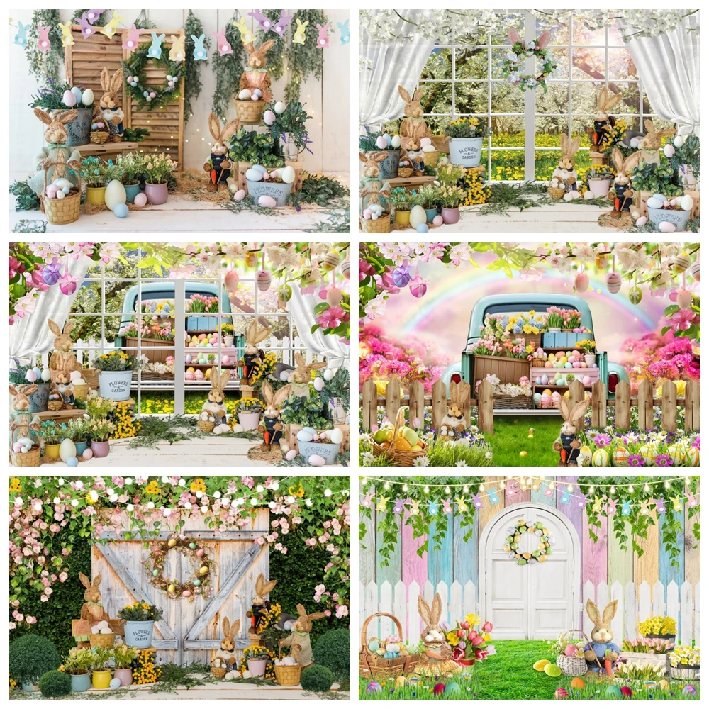 Happy Easter Backdrop Spring Easter Garden Green Grass Rabbit Flower Egg Bunny Baby Birthday Photography Background Photo Studio