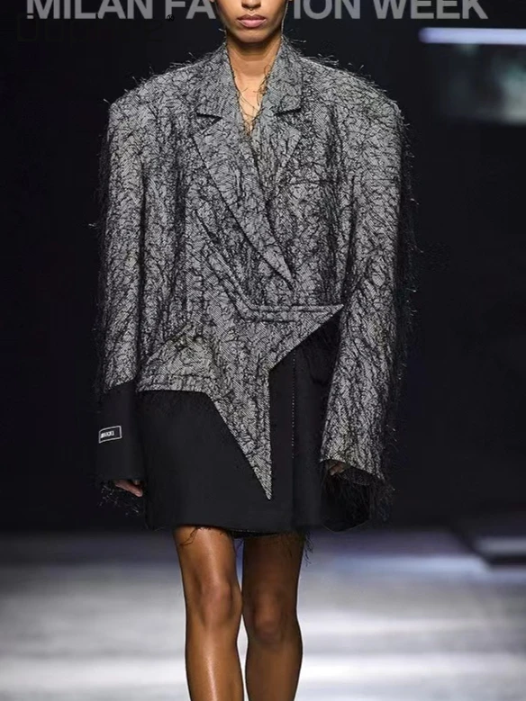 

European Style High-End Tassel Personality Irregular Patchwork Printed Loose Blazer Fashion Single-Breasted Mid-Length Blazer