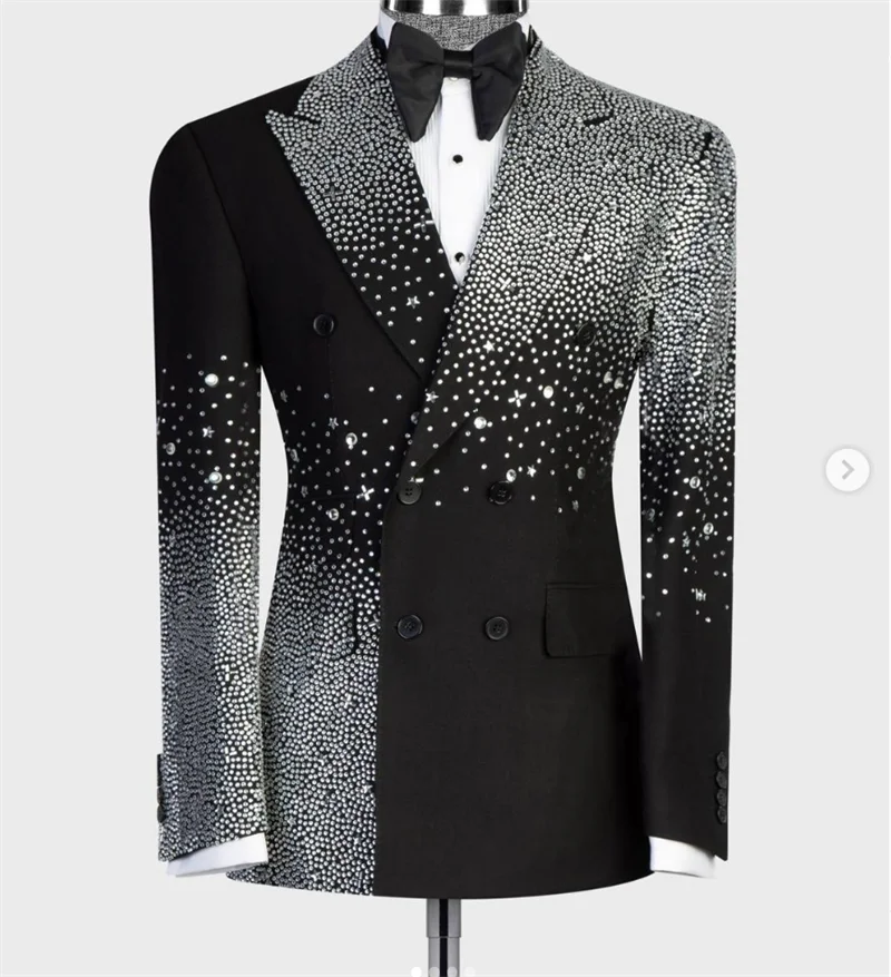 الفاخرة الرجال الدعاوى مجموعة 2 قطعة السترة + بانت بلورات العريس الزفاف سهرة مزدوجة الصدر مخصصة مكتب رسمي سترة بنطلون #2
