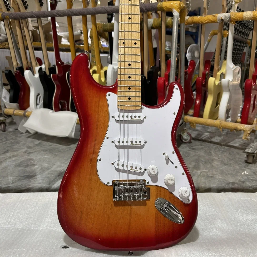 

Free Delivery ST Electric Guitar 21 Tone Position Cherry Red Finish Triple Single-Coil Pickup White Guard Accessories Upgrade