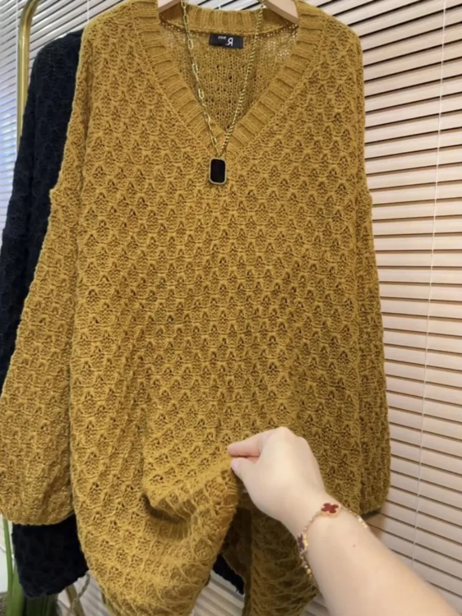 

Вязаный свитер очень большого размера с v-образным вырезом, повседневный свитер средней длины, женский модный топ на осень-зиму, большие размеры 300, сум