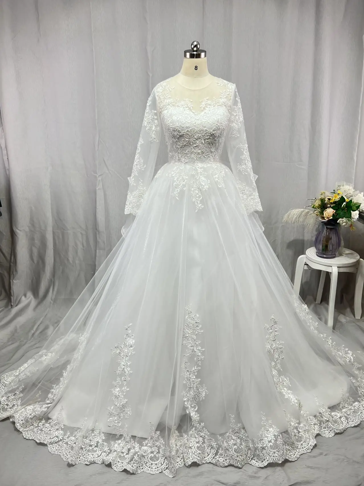 Vestido de noiva luxuoso para baile, de princesa, manga longa, com renda, jóias, pescoço, vestido de casamento, para noiva, ilusionismo, costas