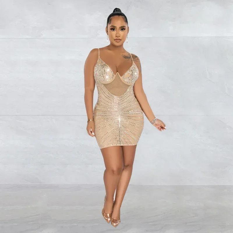 GUWU เซ็กซี่ Sparkle ดูผ่านตาข่ายคริสตัล Rhinestones ชุดมินิใหม่ Chic สายรัด Bodycon Diamond Party Dresses ชุดวันเกิด