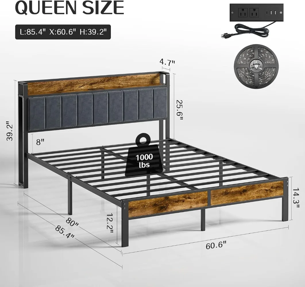 Queen Bed Frame with Headboard, Metal Platform Bed with Smart LED Lights and USB Charging Station, Easy Assembly