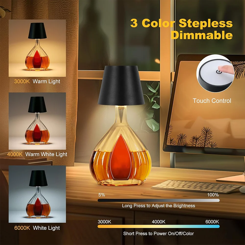 Wireless Bottle Lamp LED Wine Bottle Base Rechargeable Vases Led Light Battery Operated Bar Dining Mushroom Lamp Holder Decor