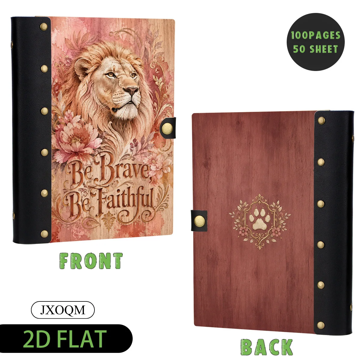 1PC Lion Be Brave Be Faithful Floral Wooden Hardcover Loose Leaf Notebook, 2D Flat Vintage Style, 6-Hole Metal Ring Binder