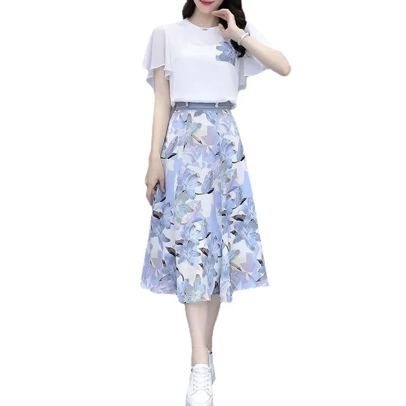 Women's Suits Summer 2022 New Fashion Casual Slim Temperament Floral T-shirts Skirts Female Two Piece Sets SJ431