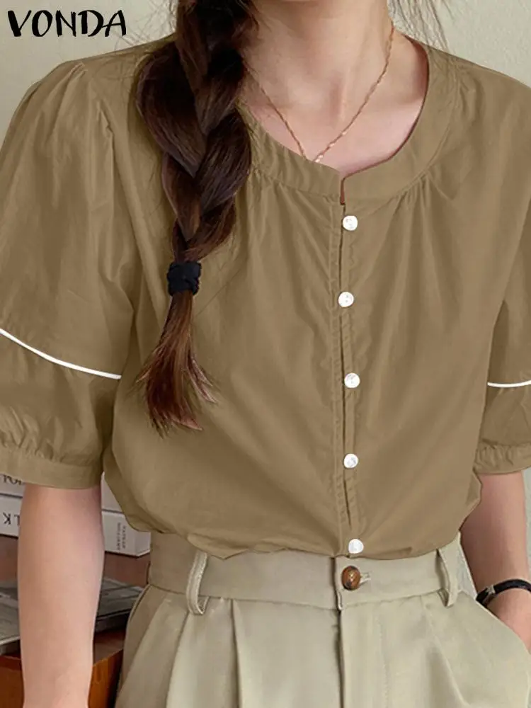 2024 VONDA Elegant Summer Ruffled Blouse Shirts Women Short Sleeve Solid Color O-Neck Casual Loose Button Tops Oversized Blusas