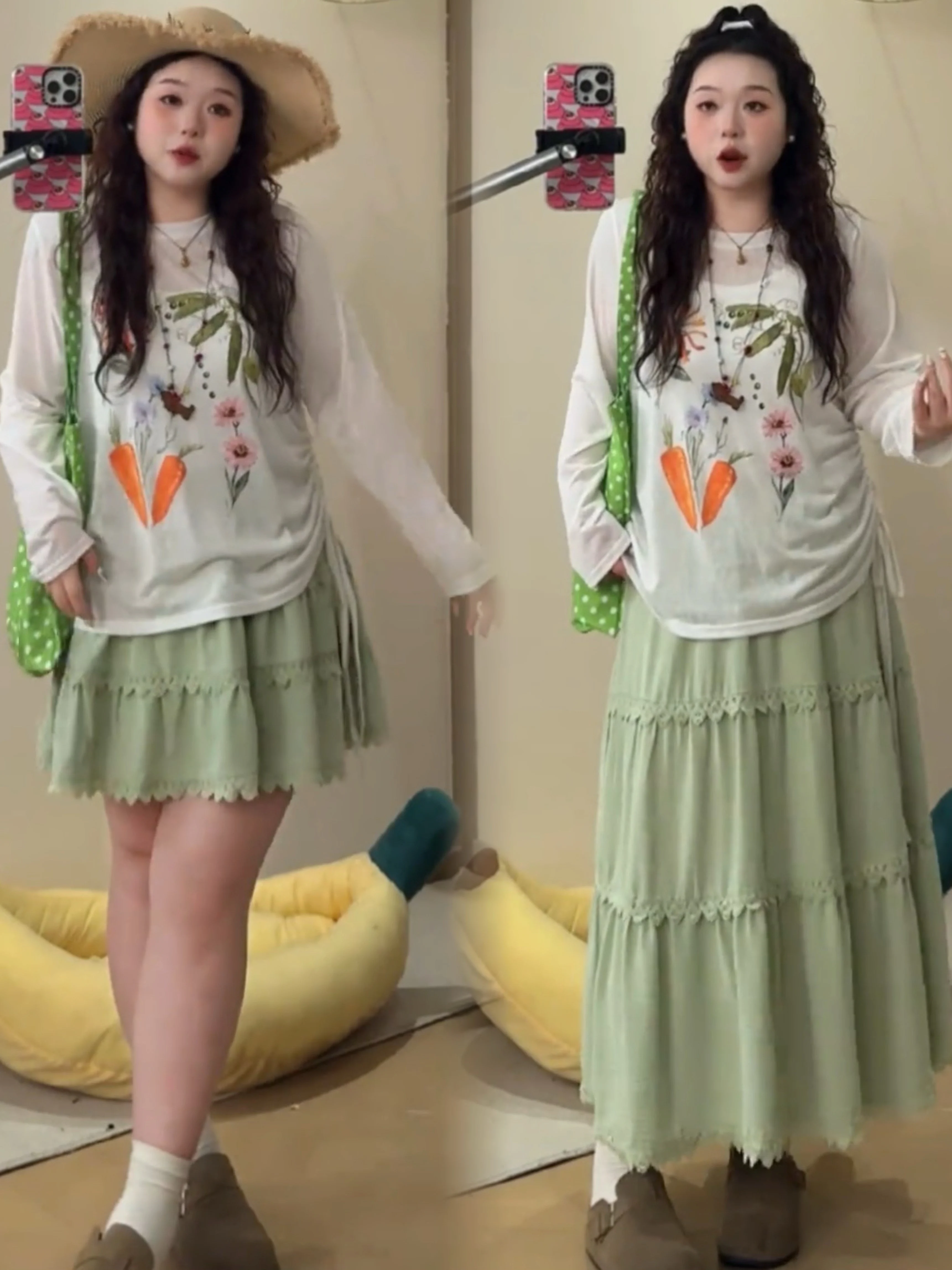 

plus Size Casual Print T-Shirt Cover up Skirt Set Loose Fit Summer Fashion Women's Clothing Korean Style Long Sleeve round Neck