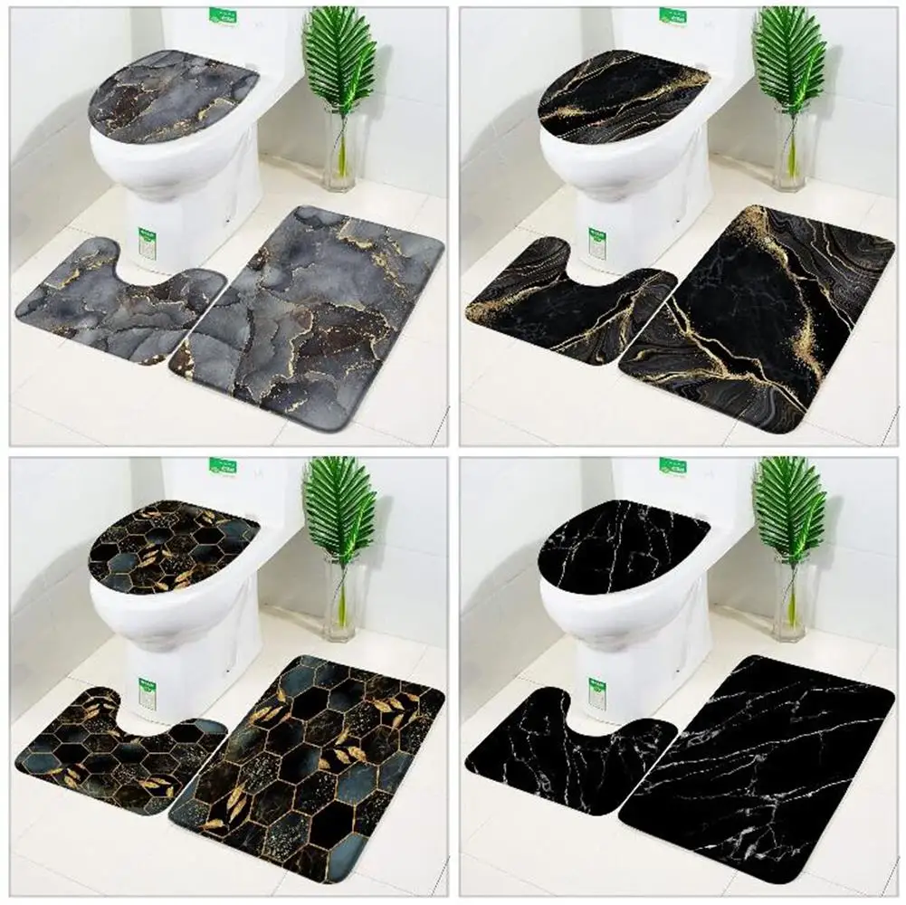 

Black Marble Bath Mats Gold Grey Lines Creative Abstract Geometric Art Home 3pcs Sets Bathroom Door Rug Anti-Slip Toilet Lid Mat