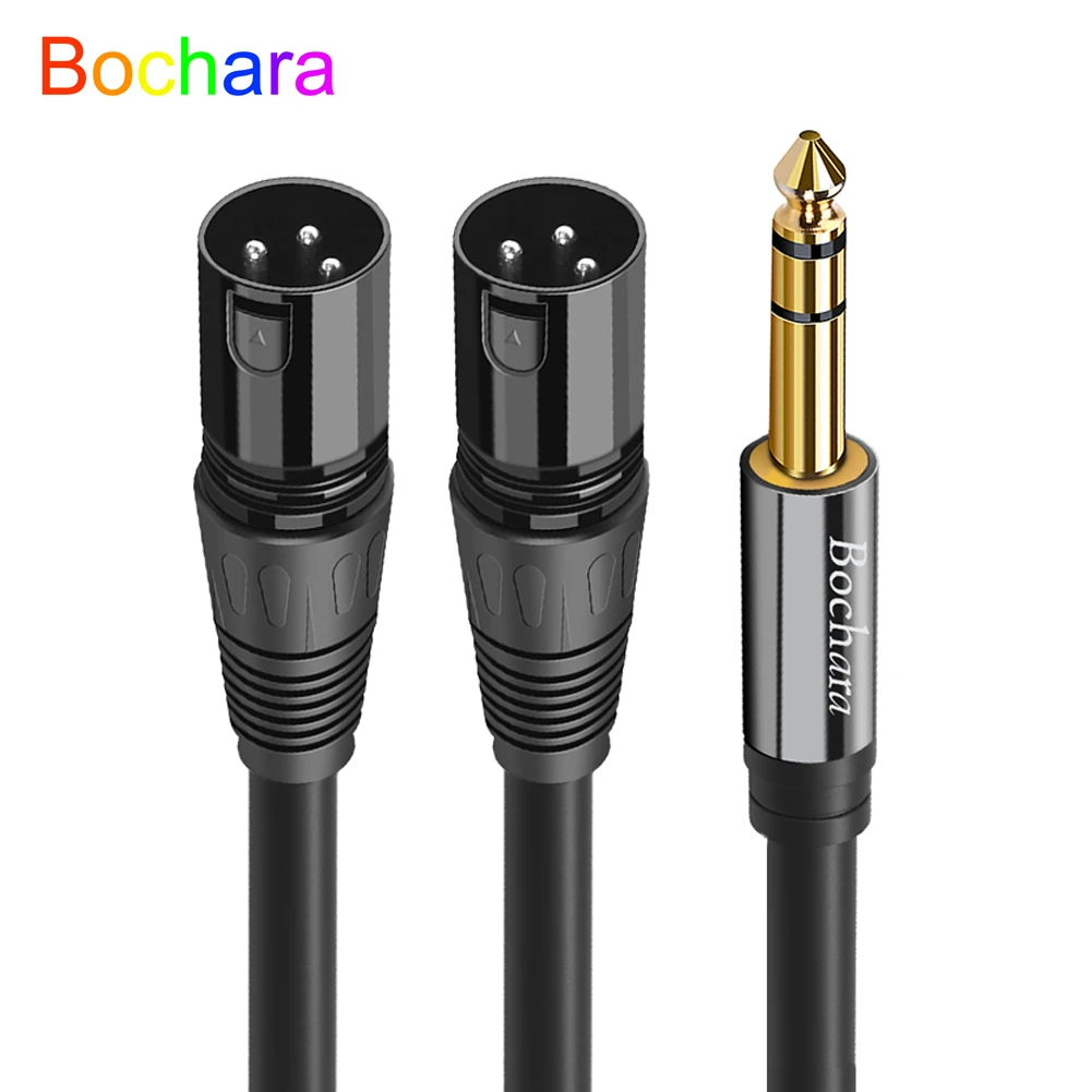 Bochara Gold Plated 1/4\'\' TRS 6.35mm Stereo Jack to Dual XLR Male OFC Audio Cable Foil+Braided Shielded For Speakers