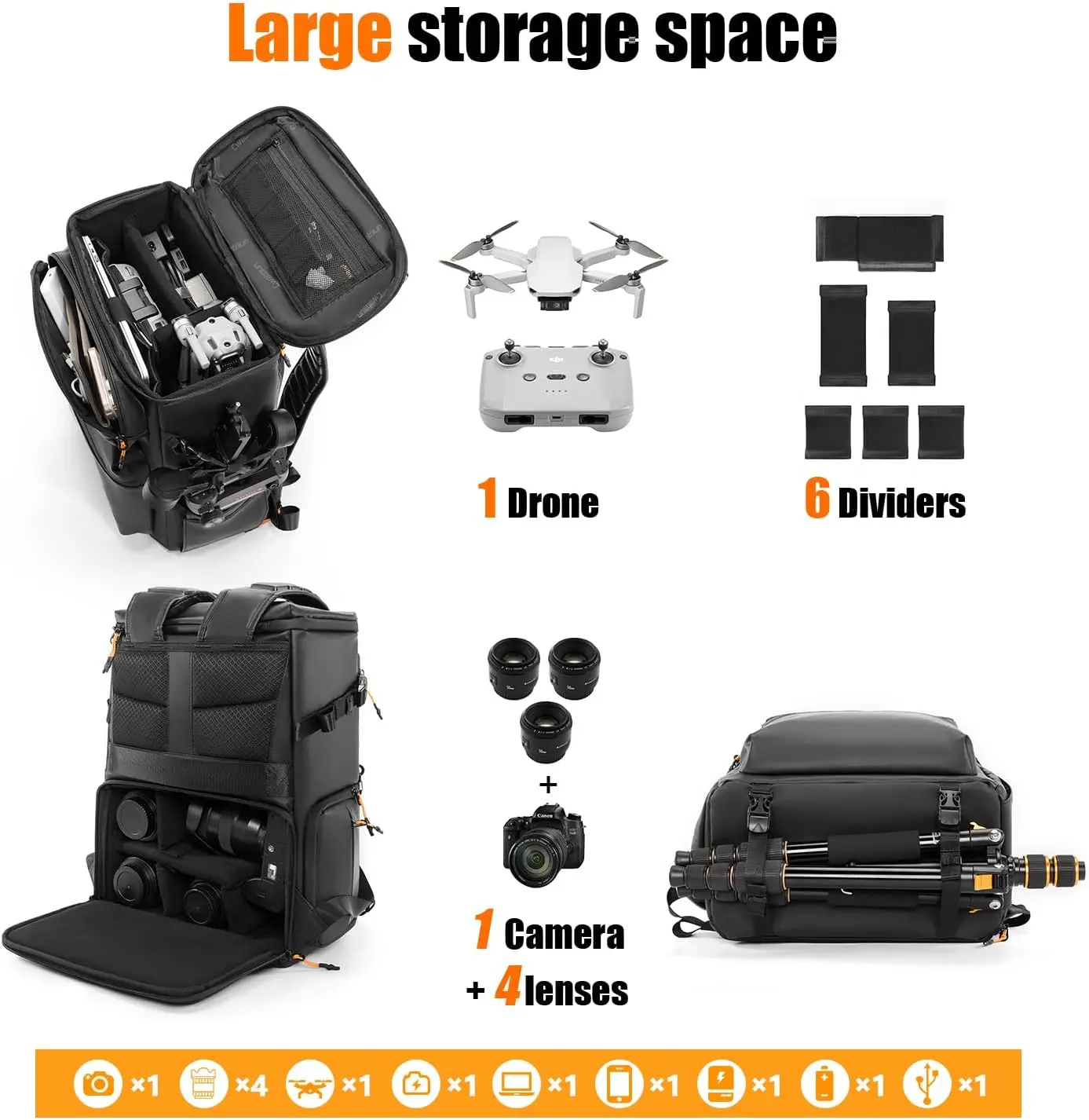 حقيبة ظهر احترافية للكاميرا مع حامل ثلاثي القوائم، وحجرة بدون طيار والكمبيوتر المحمول، وحقيبة DSLR/SLR/بدون مرآة لكاميرات Canon/Nikon/ #2