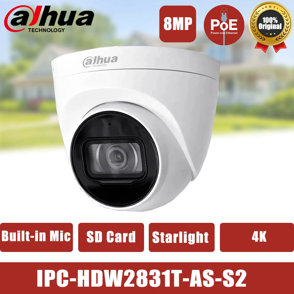 Dahua 8MP 4K IP Camera Outdoor Night Vision CCTV PoE Starlight SD Card Security Camera Built-in Mic IPC-HDW2831T-AS-S2