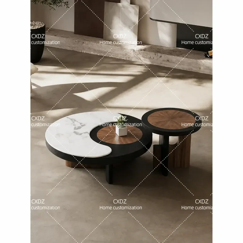 2026 New Medieval Style Solid Wood Coffee Table Unique Irregular Round Shape Living Room Center Table Combination Set