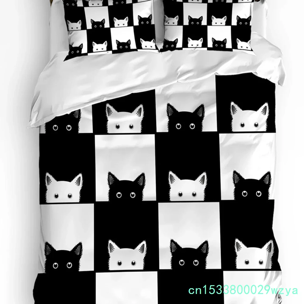 Geometic Black White Plaid Cat Duvet Cover With Pillow Case Custom 3pcs Bedding Set Quilt Cover Double Bed Home Textile