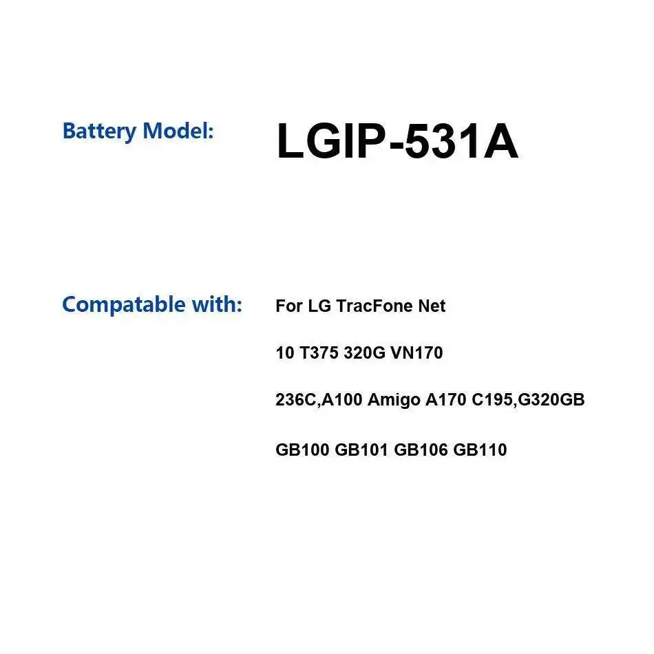 

Battery Lgip-531A 950Mah For LG Tracfone Net 10 T375 320G VN170 236C A100 Amigo A170 C195 , G320GB GB100 GB101 GB106 GB110