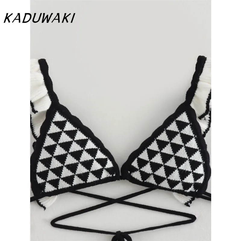 KADUWAKI Ladies Striped Knitted Beach Skirt Sets Women Sexy Backless Slim Bohemian Outfits Ruffle Holiday Vacation 2 Piece Sets