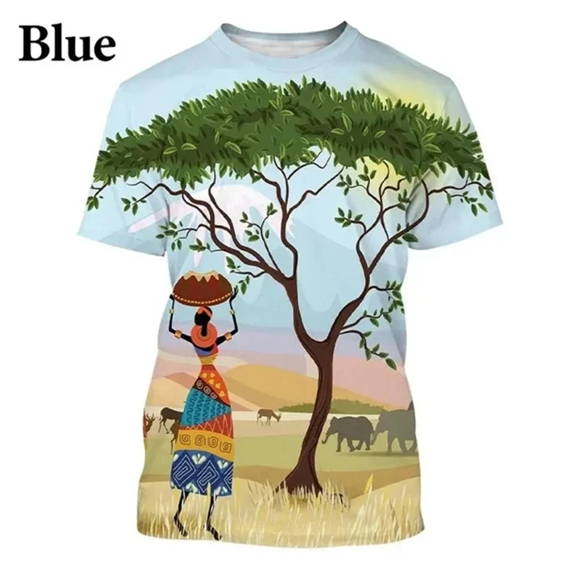 Summer New Men's Round Neck T-shirt Fashion 3D Print African Dance Pattern T-shirt Fashion Casual Trend New Street Fashion Round