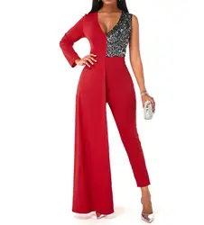 V-Neck Long Sleeve 2023 New Hot Selling Fashion Women's Sexy V-Neck One Shoulder Casual Shiny Spliced Slim Fit Jumpsuit