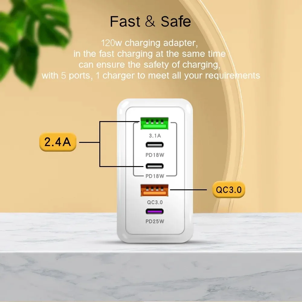 إجمالي 120 واط شاحن USB 5 منافذ نوع C شحن سريع الهاتف المحمول الجدار محول الاتحاد الأوروبي/الولايات المتحدة/المملكة المتحدة التوصيل آيفون سامسونج شاومي هواوي