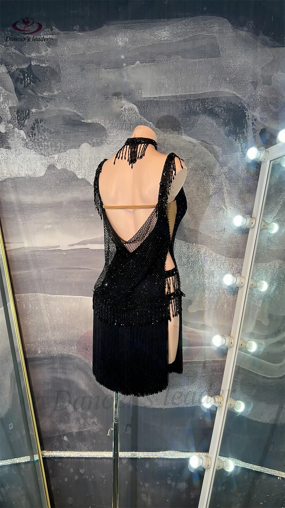 Vestido de baile latino AB Stone para mujer y adulto, vestido de flores de malla de diamante negro personalizado de gama alta, vestido de Samba de piscina negro