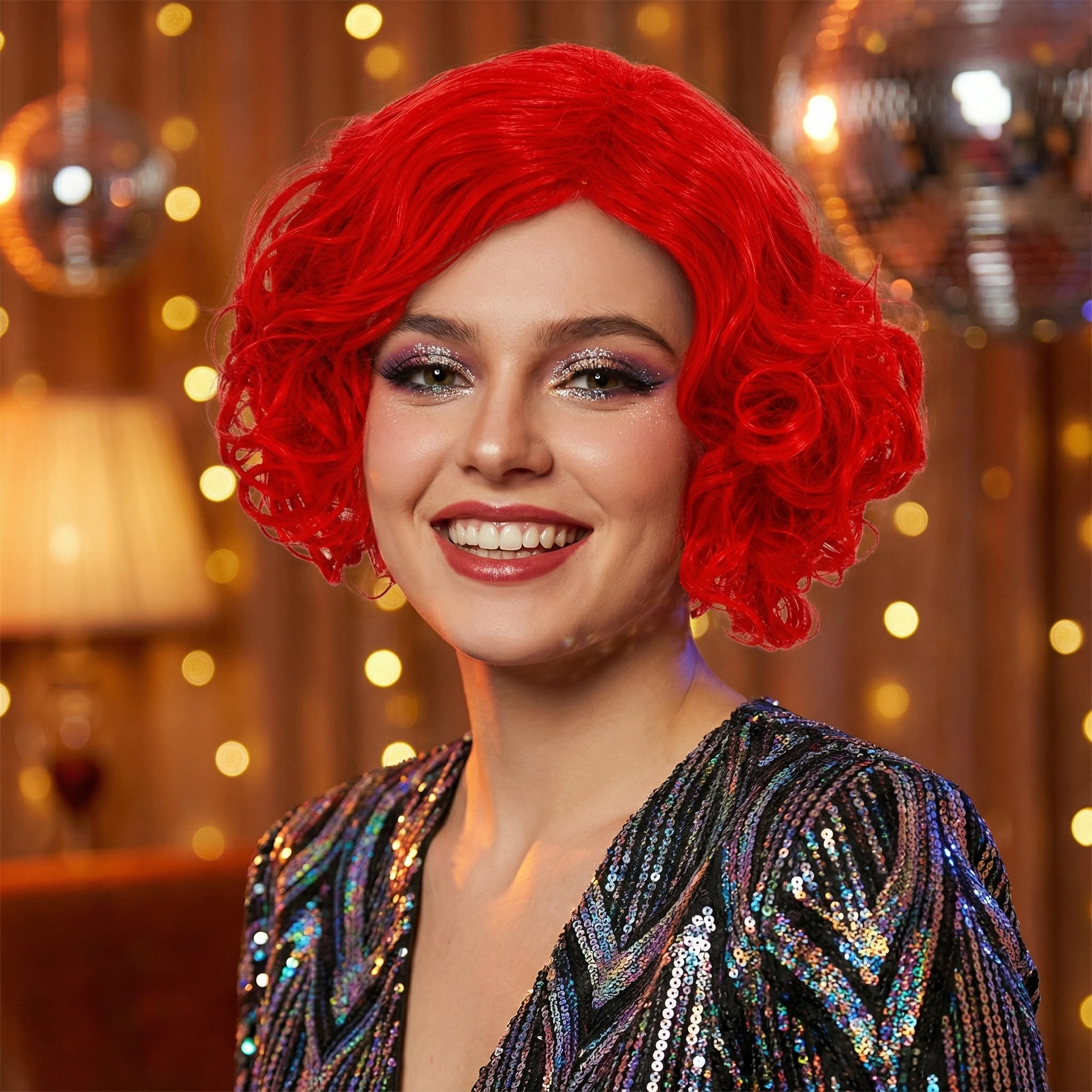 

REEWES красный вьющийся парик для рождественской вечеринки, модные синтетические волосы, повседневный музыкальный костюм на Хэллоуин