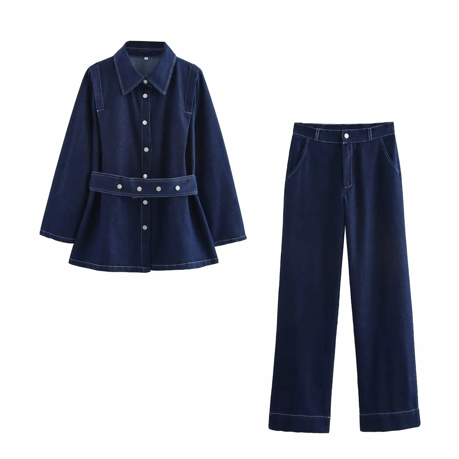 

UNIZERA Women's Fashion Denim Belt Loose Long Sleeve Top High Waist Pants Temperament Autumn New Pants