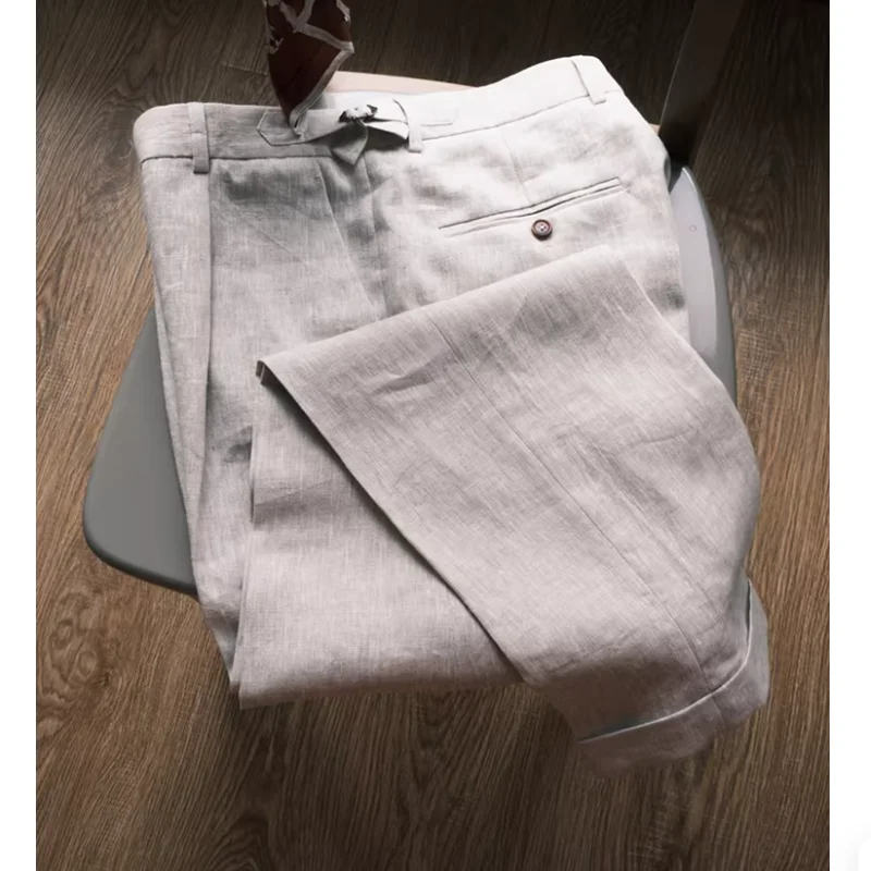 

Italian Spring and Summer Retro Linen Casual Pants for Men Paris Buckle Pants