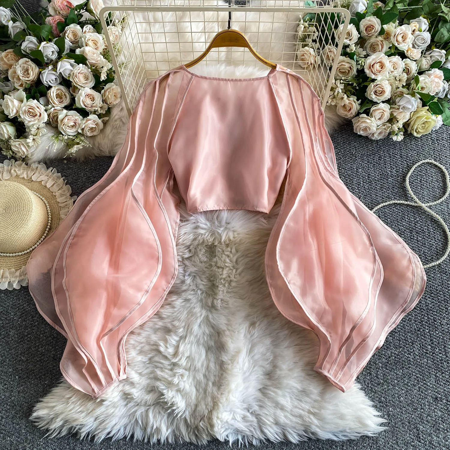 Chic Twist Knot Puff Long Sleeve Pleated Blouse Chic V Neck Cropped   Top Women Spring Vacation Shirts Y2k