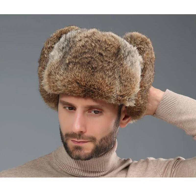 Gorro de bombardero grueso y cálido para hombre, gorra rusa con orejeras de piel de conejo Real, de talla grande, para invierno