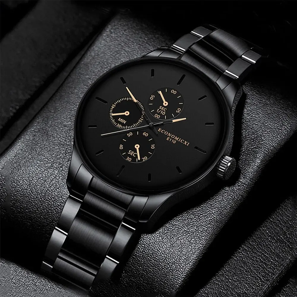 1Pcs Men\'s Casual Fashion Business Three Eyes Rose Needle Digital Steel Band Quartz Watch Designed For Successful Men Classic