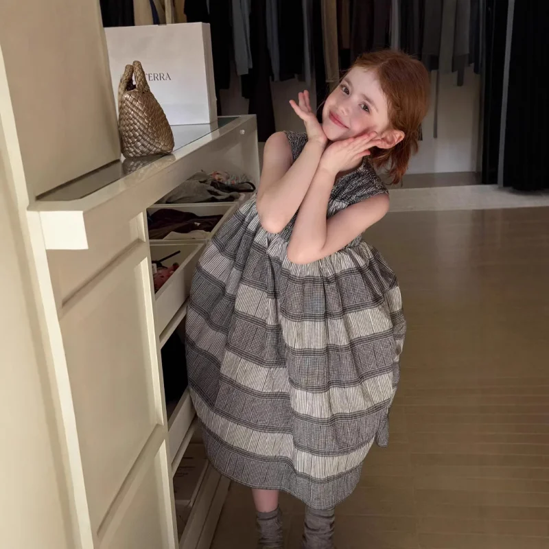 26New summer product for girls: Korean-style high-quality designer plaid cotton dress, children's fashionable tank dress