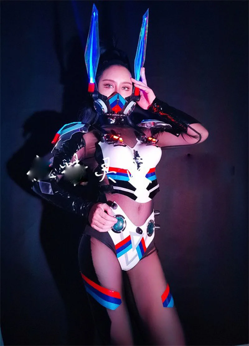 Nieuwe Future Party Show Doek Zwart tech lichtgevend konijntje meisje gogo toneelvoorstelling cyberpunk ds kostuumset