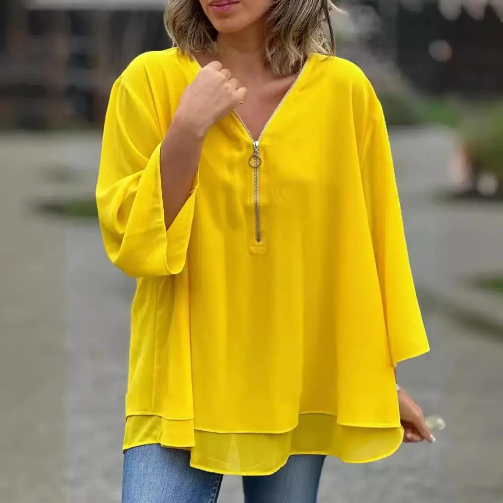 Natural Feel Blouse Elegant Women\'s Chiffon Shirts with V-neck Zipper Detailing 3/4 Sleeve Pullover Tops Double Layer Hem for A